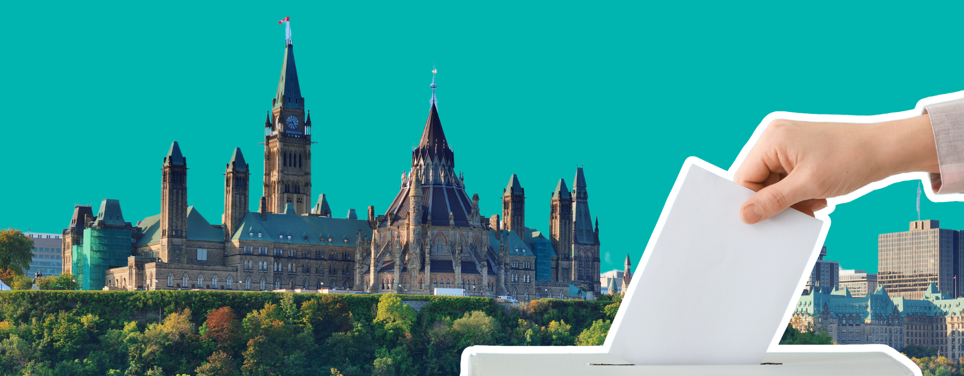 Collage graphic with hand putting ballot in box and photo of Parliament buildings in background