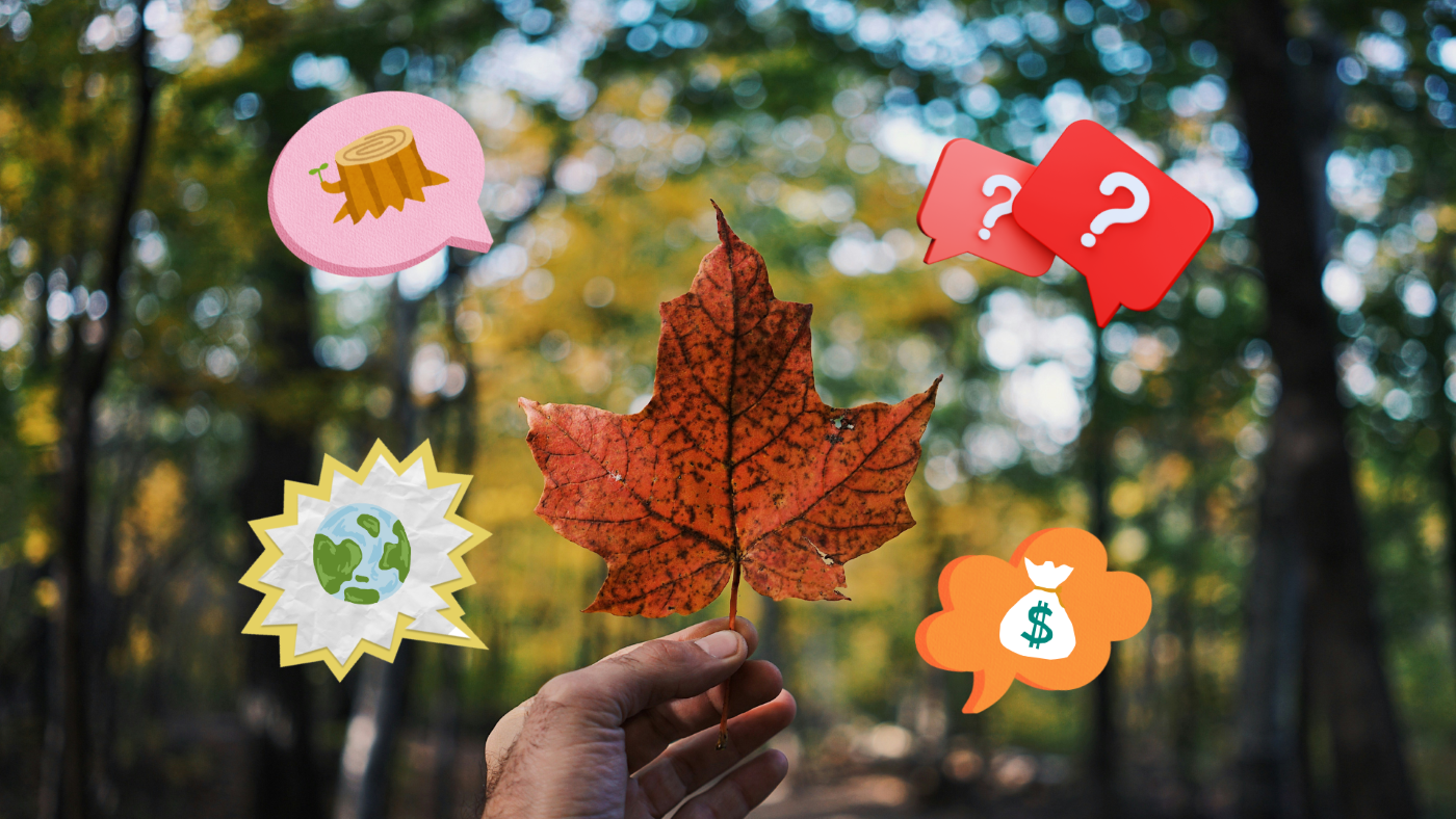 Hand holding maple leaf with superimposed speech bubble graphics containing environmental icons