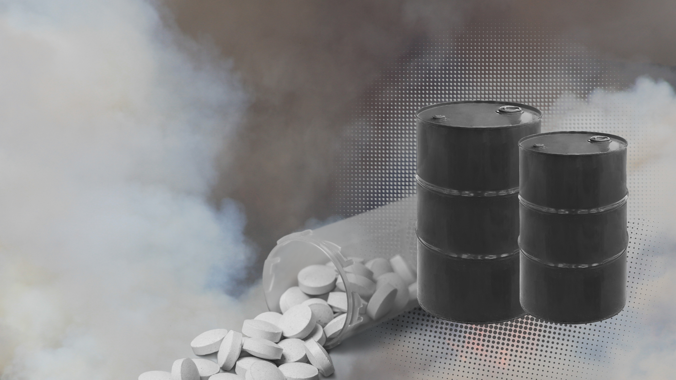 Greyscale graphic showing two oil barrels next to a spilled pill bottle.