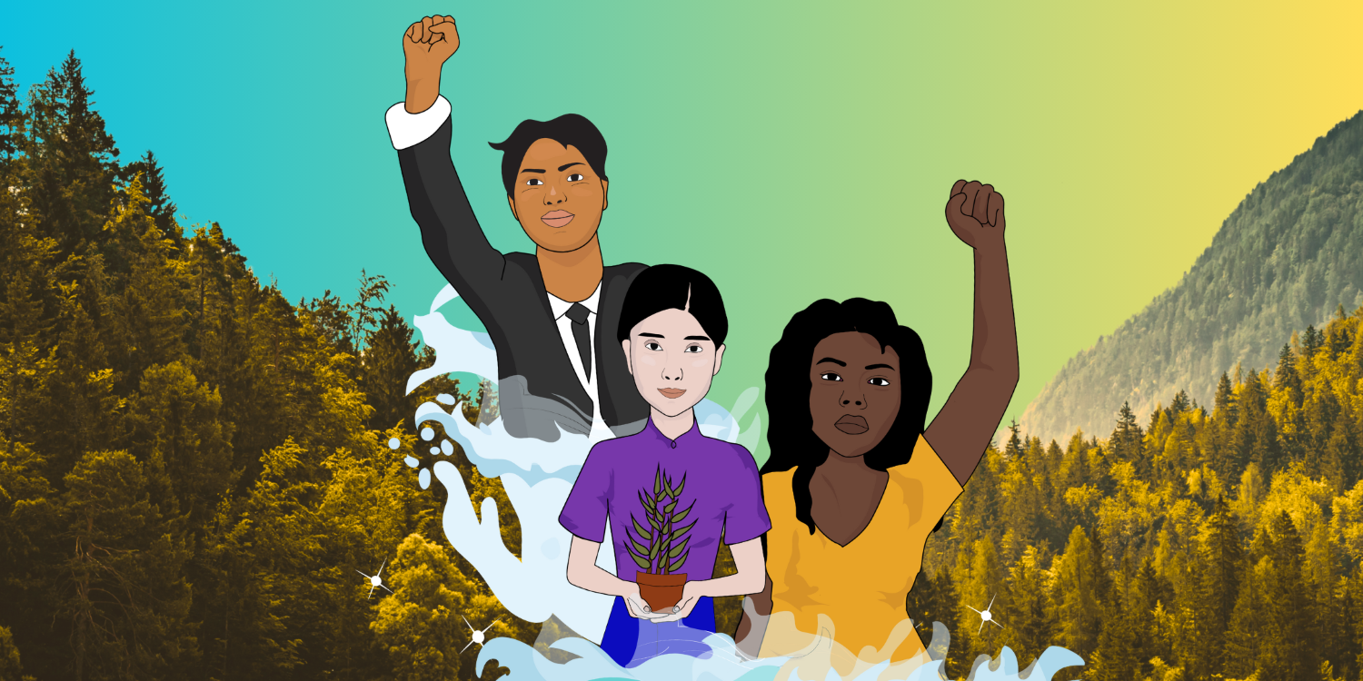Illustration of three diverse people with raised hands superimposed on photo of mountain forest.