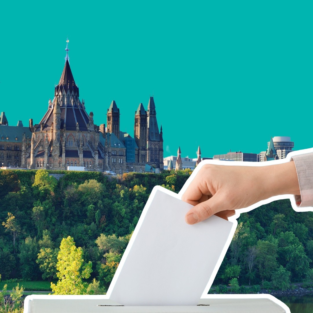 Hand putting ballot in box overlaid on photo of Parliament buildings