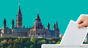 Collage graphic with hand putting ballot in box and photo of Parliament buildings in background
