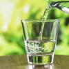 Glass with water being poured into it on a table with greenery in background