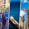 Graphic collage with images of an oil pipeline, a rally, oil tanker, Canadian Parliament building, and BC coast 