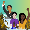 Illustration of three diverse people with raised hands superimposed on photo of mountain forest.